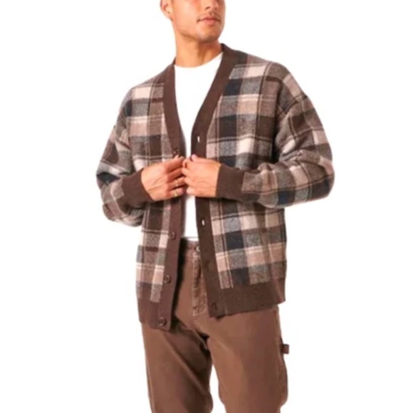 Abercrombie & Fitch Oversized Cardigan Brown Plaid Men’s Size Medium - Picture 1 of 13